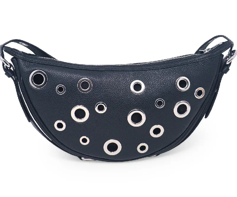 By Far Black Leather Grommet Hobo Bag