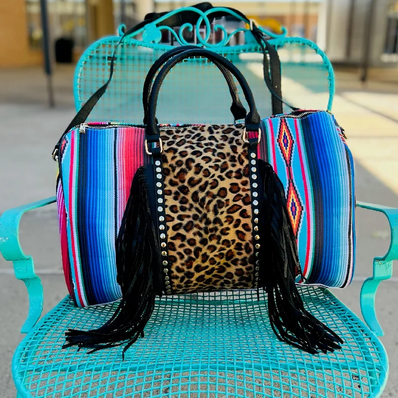 Large Serape/Aztec Fringed Duffle Bag with Leopard Detail*