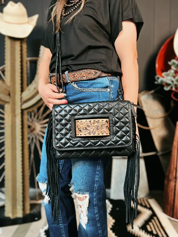 Darling Quilted Black Leather Clutch Bag With Fringe